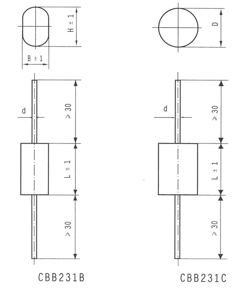 CBB231型雙面金屬化聚丙烯膜介質電容器尺寸圖